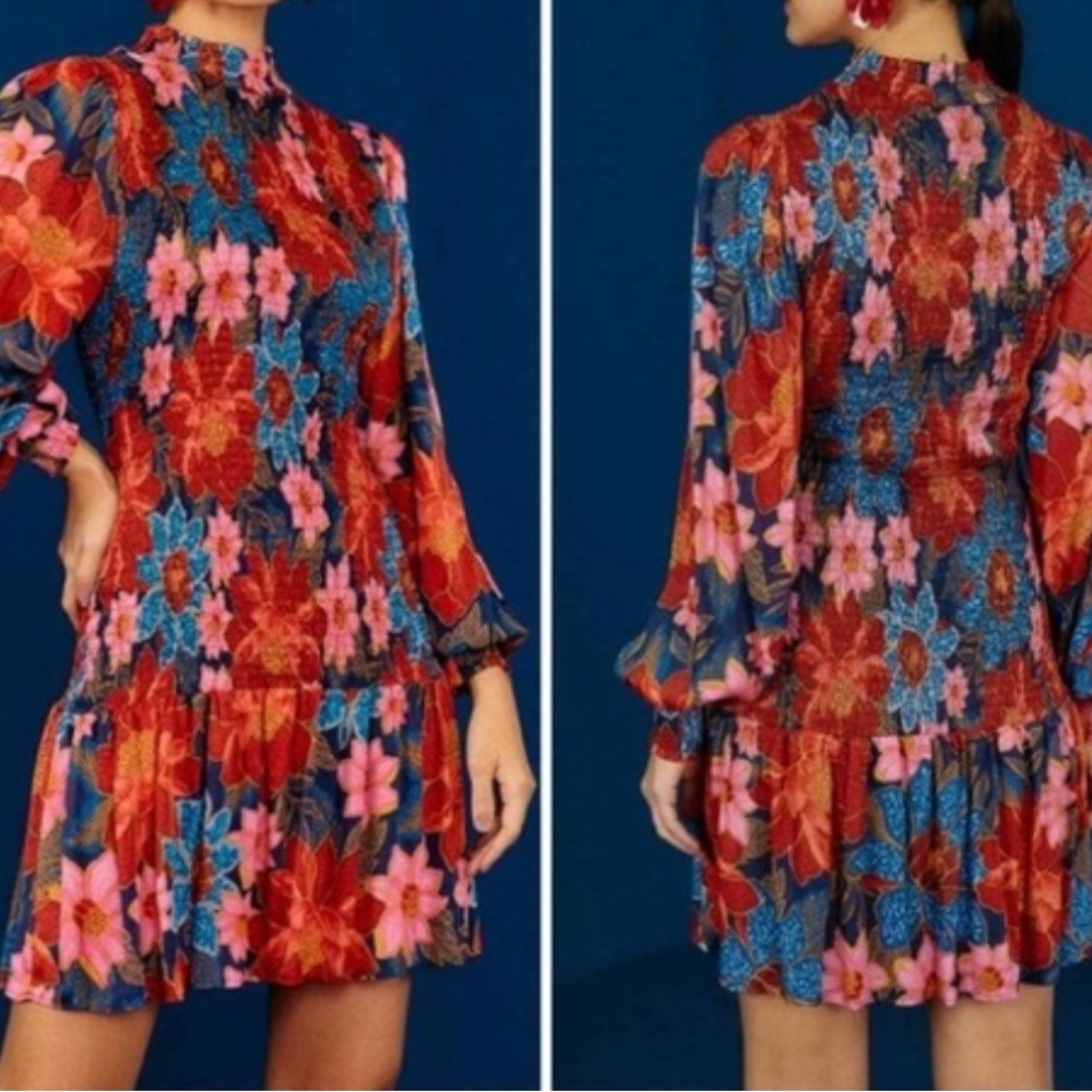 Farm Rio Garden Dress Women's M Smocked Long Sleeve Mini Vacation Tropical NICE✅